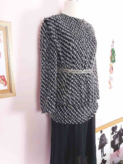 Vintage 1970s Black White Chiffon Dress Pleated Drop Waist Size 8/10