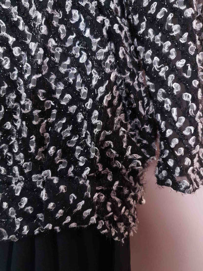 Vintage 1970s Black White Chiffon Dress Pleated Drop Waist Size 8/10