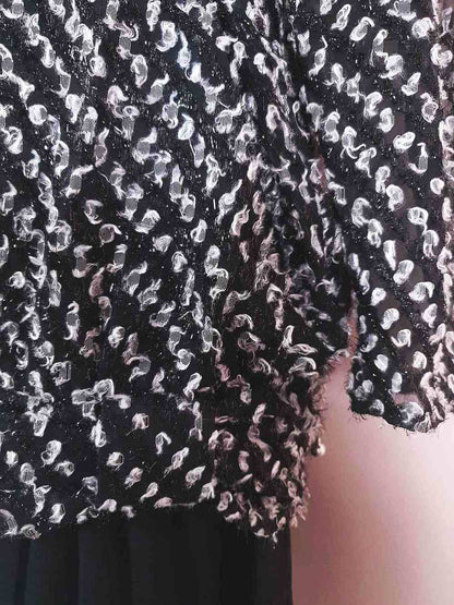 Vintage 1970s Black White Chiffon Dress Pleated Drop Waist Size 8/10