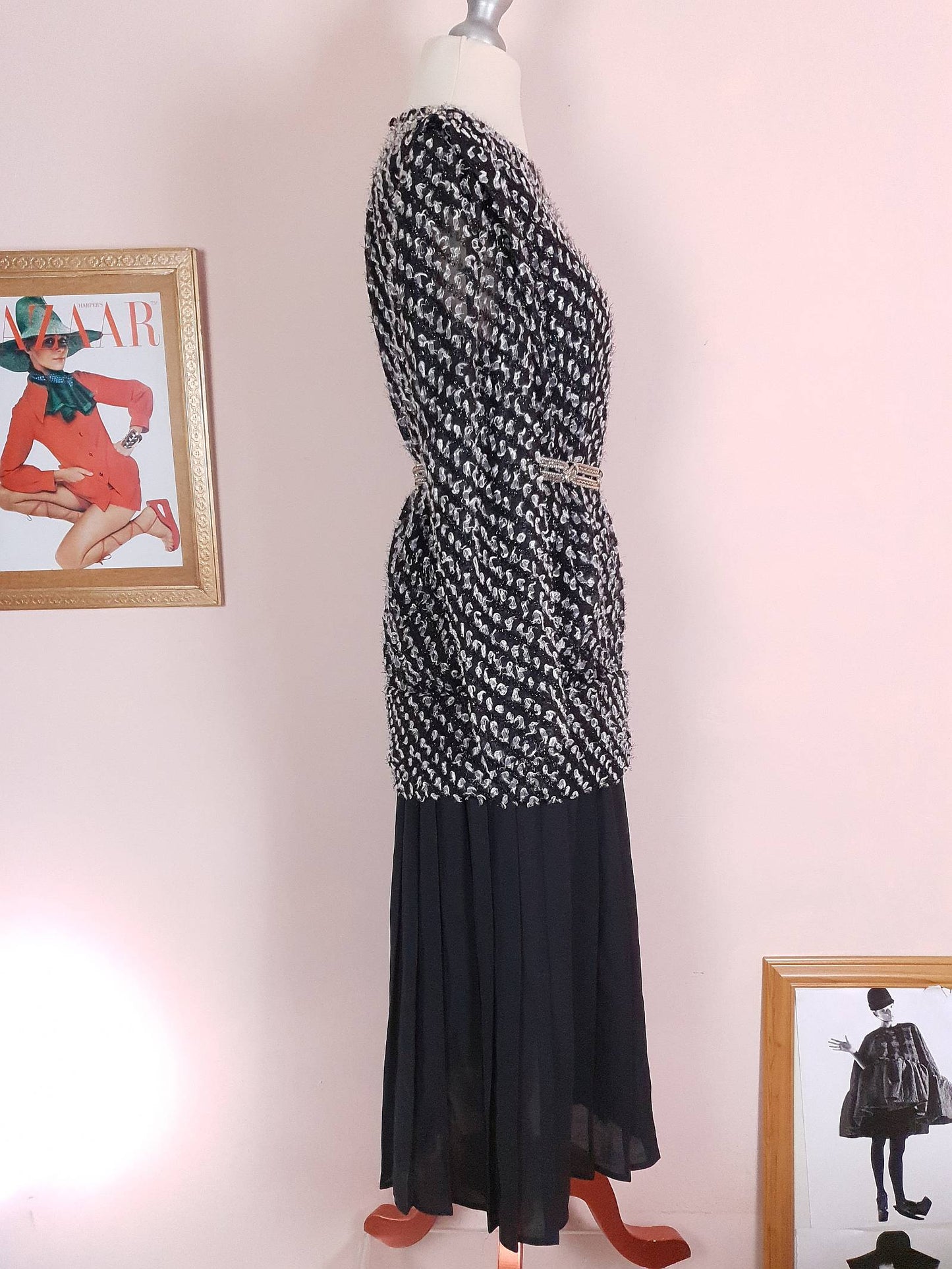 Vintage 1970s Black White Chiffon Dress Pleated Drop Waist Size 8/10
