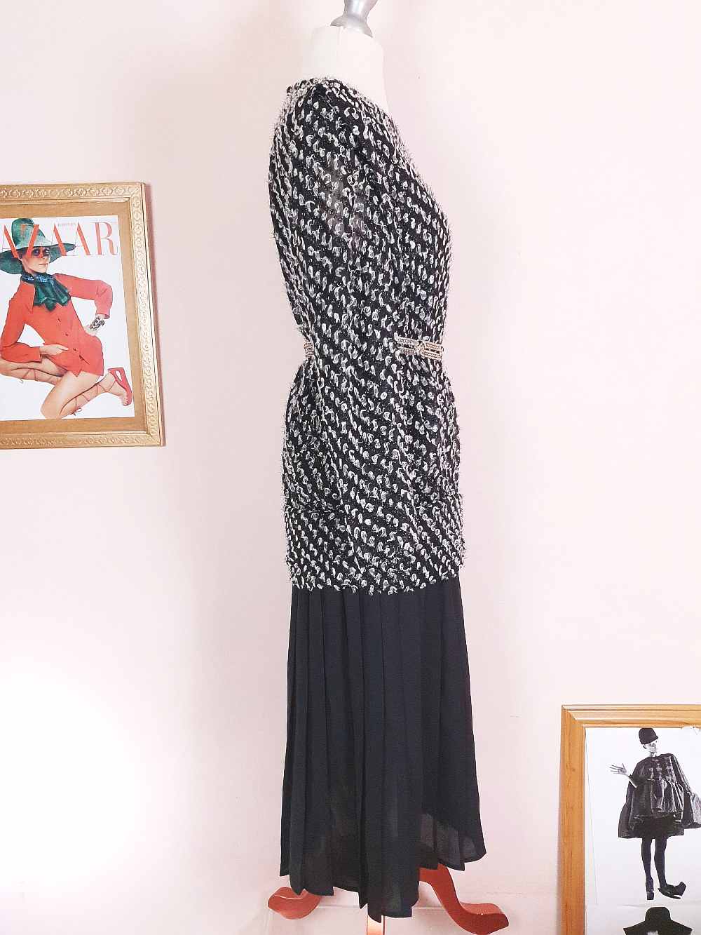 Vintage 1970s Black White Chiffon Dress Pleated Drop Waist Size 8/10