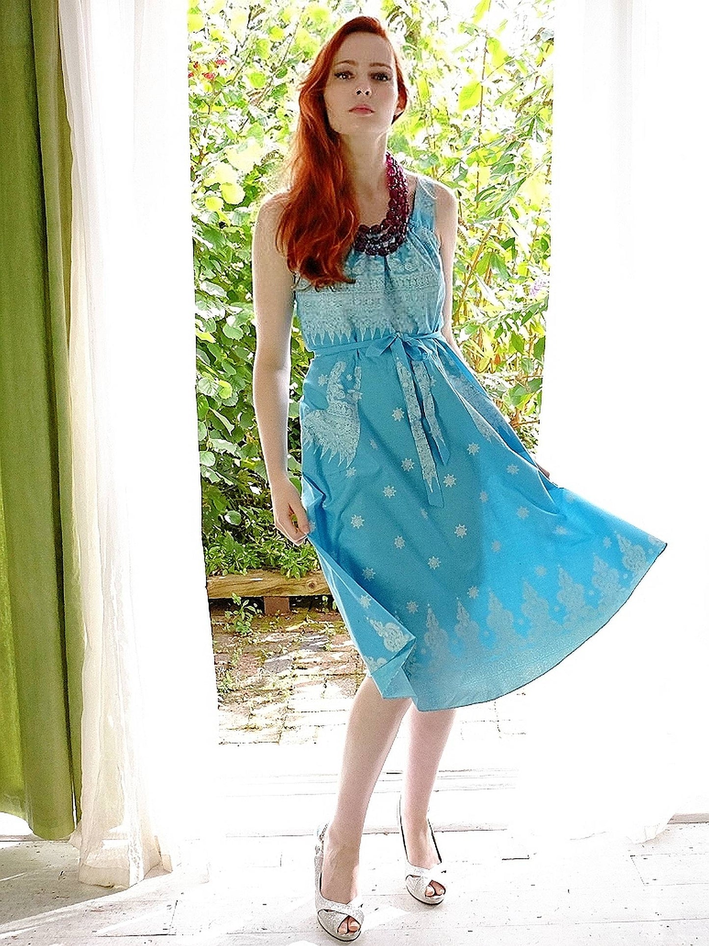 Vintage Blue White Summer Dress  1970s - Size 10 Cottagecore Country