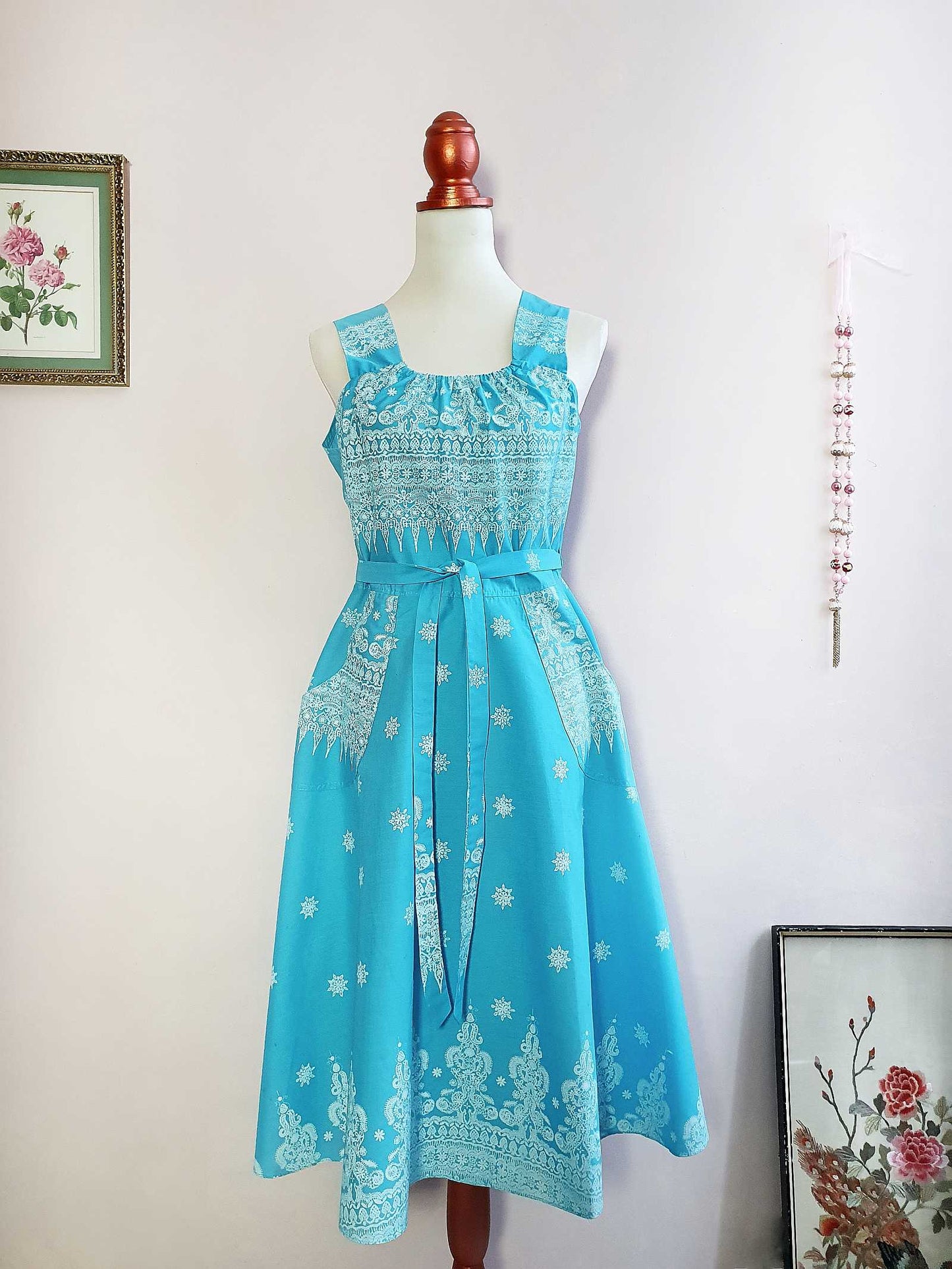 Vintage Blue White Summer Dress  1970s - Size 10 Cottagecore Country
