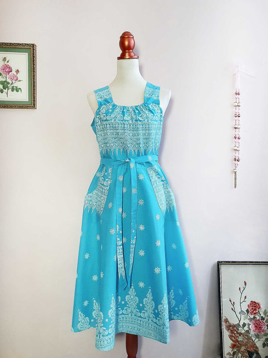 Vintage Blue White Summer Dress  1970s - Size 10 Cottagecore Country