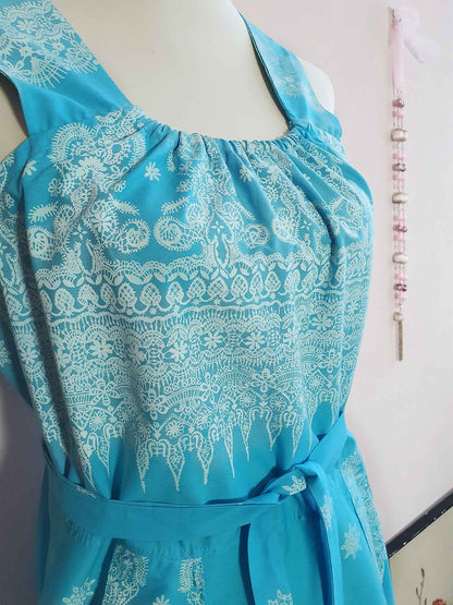 Vintage Blue White Summer Dress  1970s - Size 10 Cottagecore Country