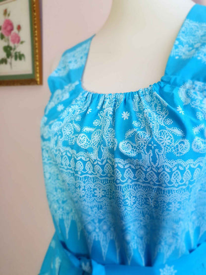 Vintage 70s Mid Blue White Lace Print Day Dress - Size 10