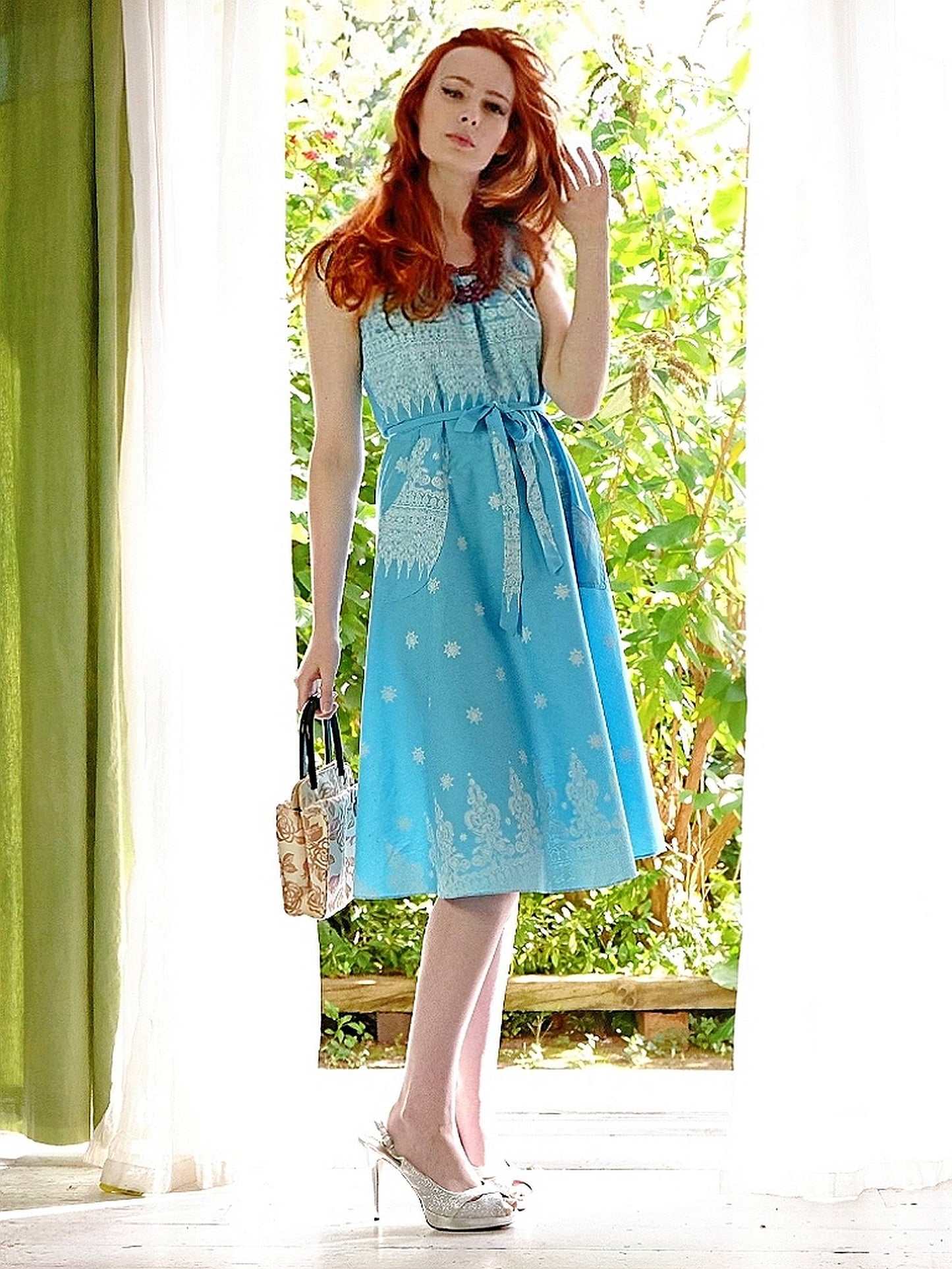 Vintage Blue White Summer Dress  1970s - Size 10 Cottagecore Country