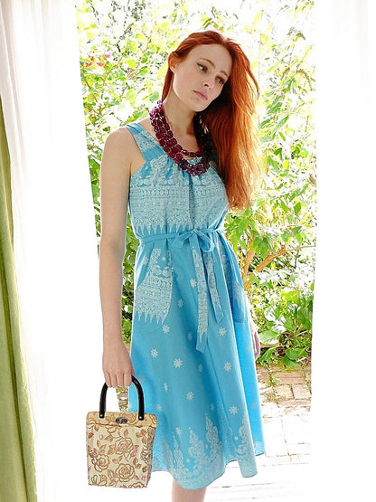 Vintage Blue White Summer Dress  1970s - Size 10 Cottagecore Country