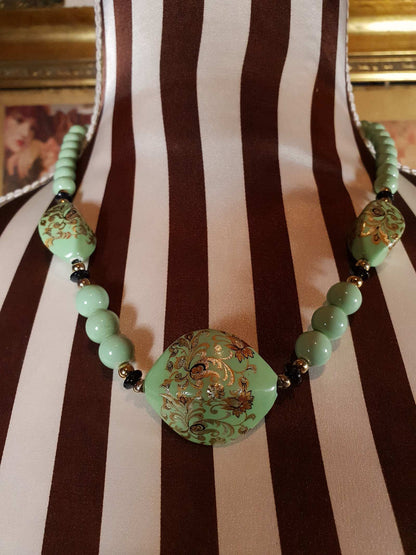 Vintage 70s Boho Necklace 19" Pale Green Bohemian Turquoise Hand Painted