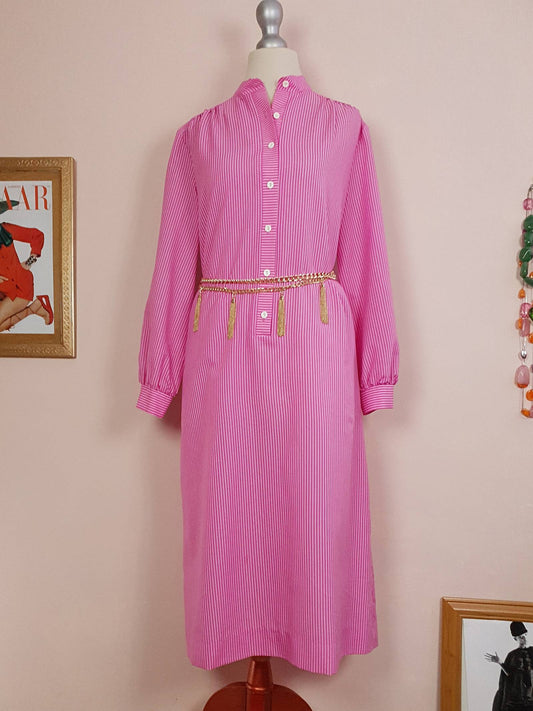1970s Vintage Cerise Pink Striped Dress Midi Retro - Size 12