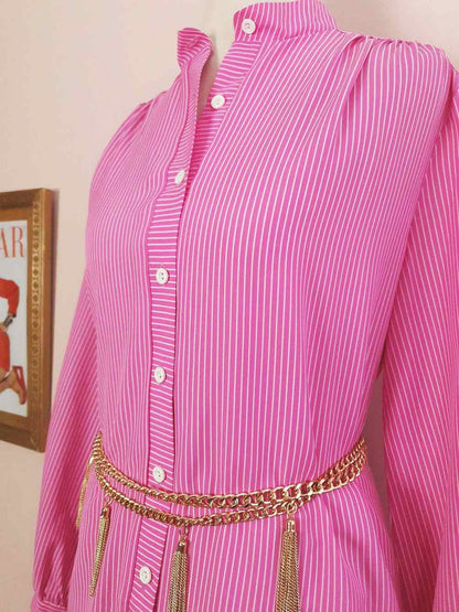 1970s Vintage Cerise Pink Striped Dress Midi Retro - Size 12