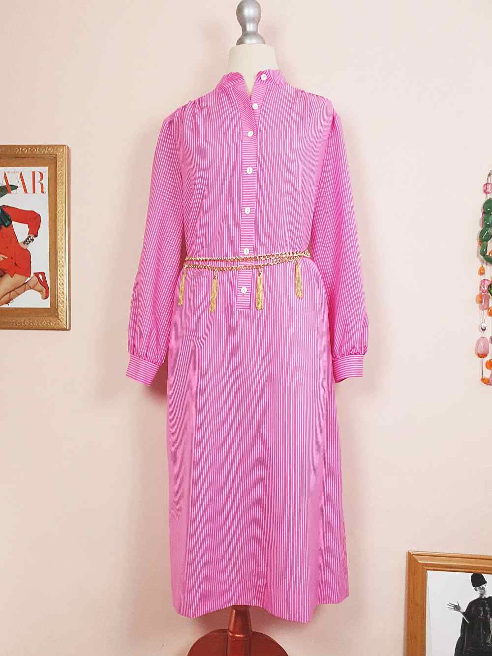 1970s Vintage Cerise Pink Striped Dress Midi Retro - Size 12