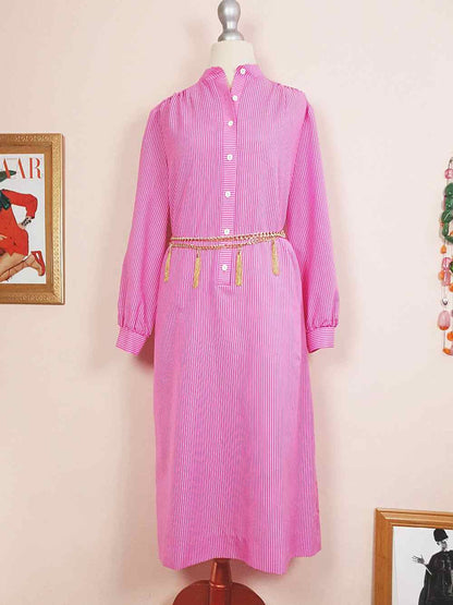 1970s Vintage Cerise Pink Striped Dress Midi Retro - Size 12