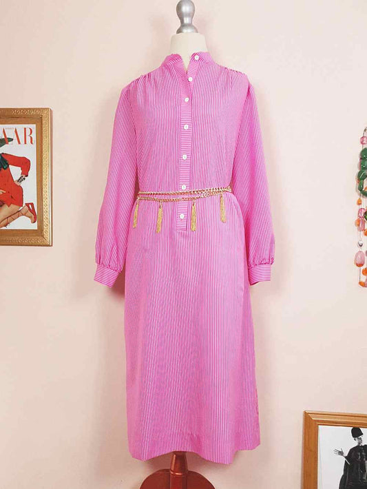 1970s Vintage Cerise Pink Striped Dress Midi Retro - Size 12