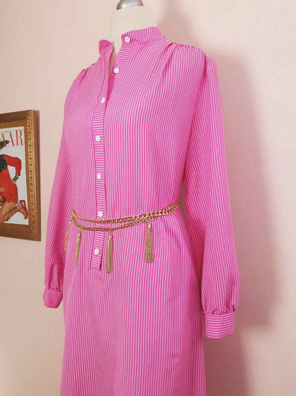 1970s Vintage Cerise Pink Striped Dress Midi Retro - Size 12