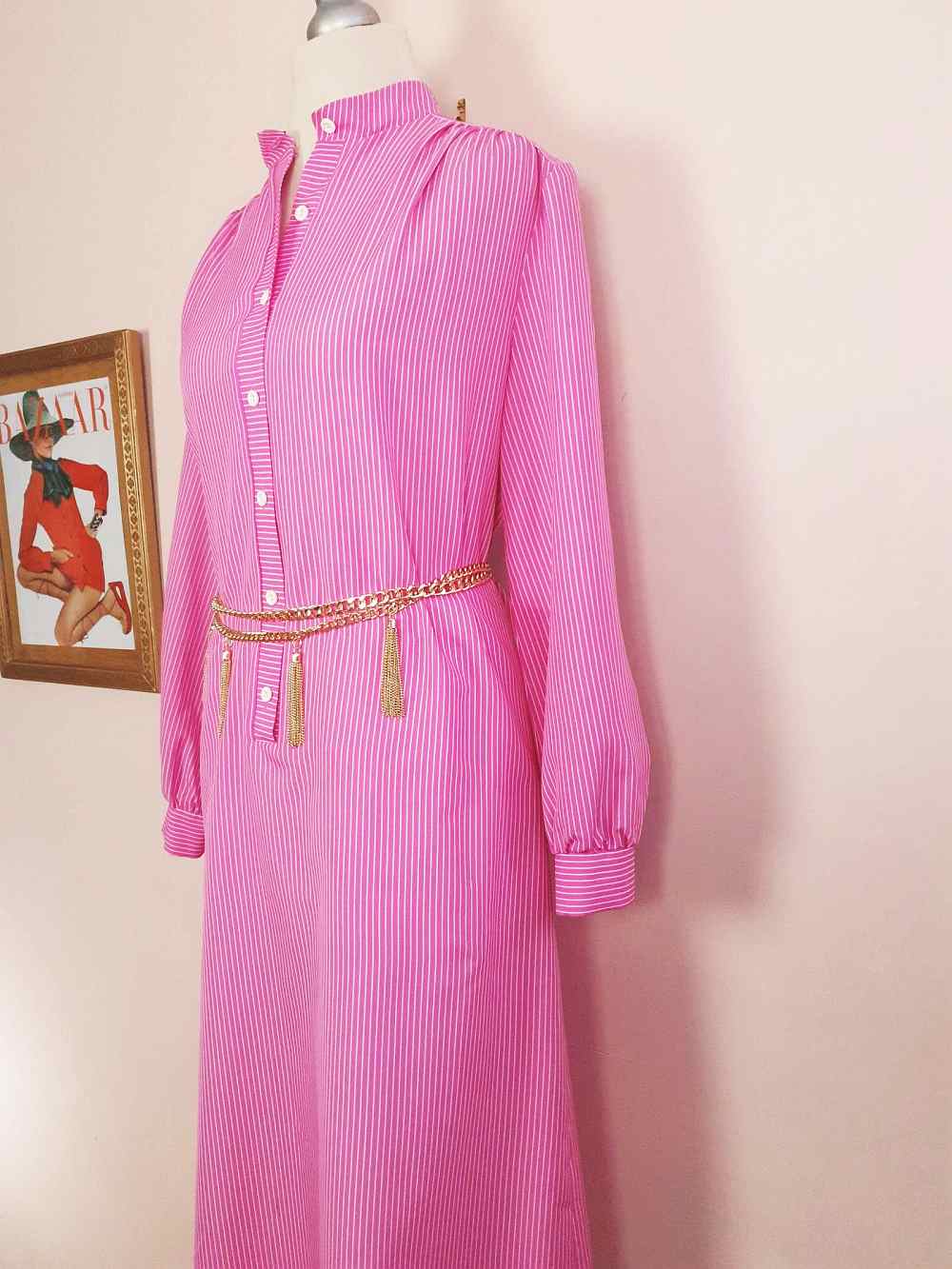 1970s Vintage Cerise Pink Striped Dress Midi Retro - Size 12