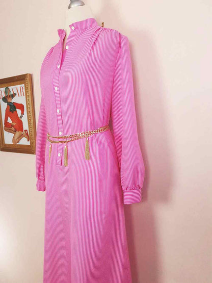 1970s Vintage Cerise Pink Striped Dress Midi Retro - Size 12