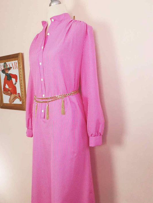 1970s Vintage Cerise Pink Striped Dress Midi Retro - Size 12