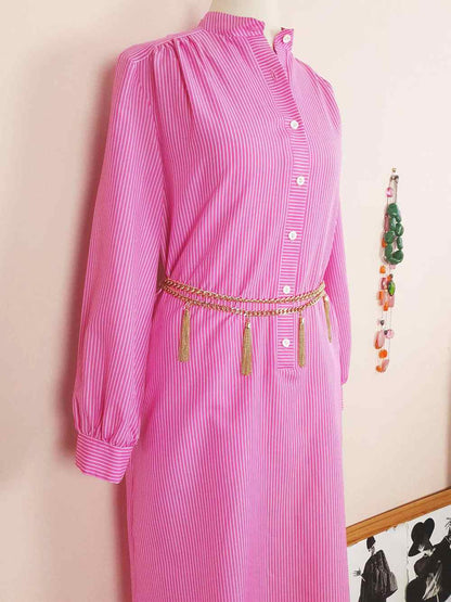 1970s Vintage Cerise Pink Striped Dress Midi Retro - Size 12