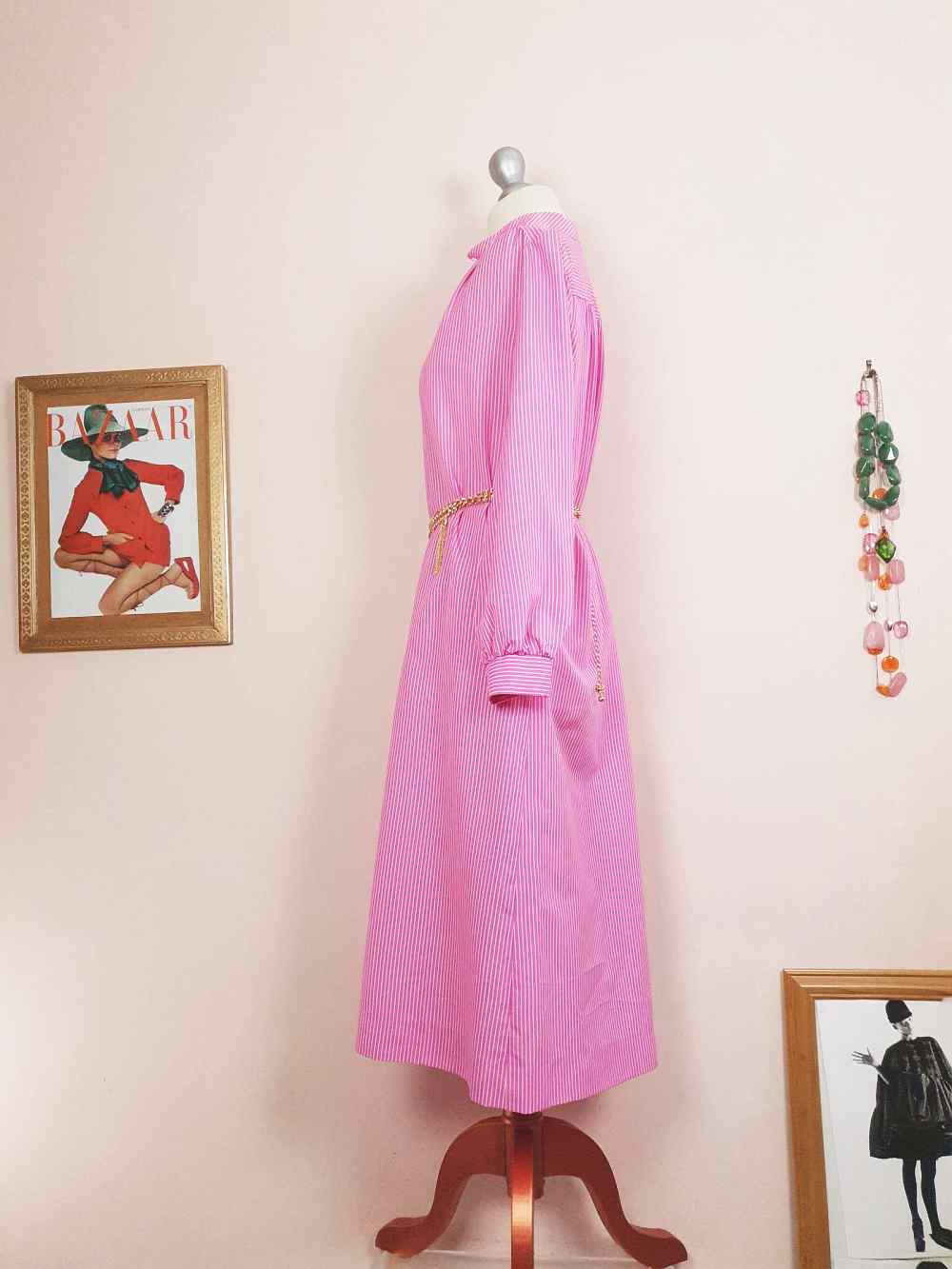 1970s Vintage Cerise Pink Striped Dress Midi Retro - Size 12
