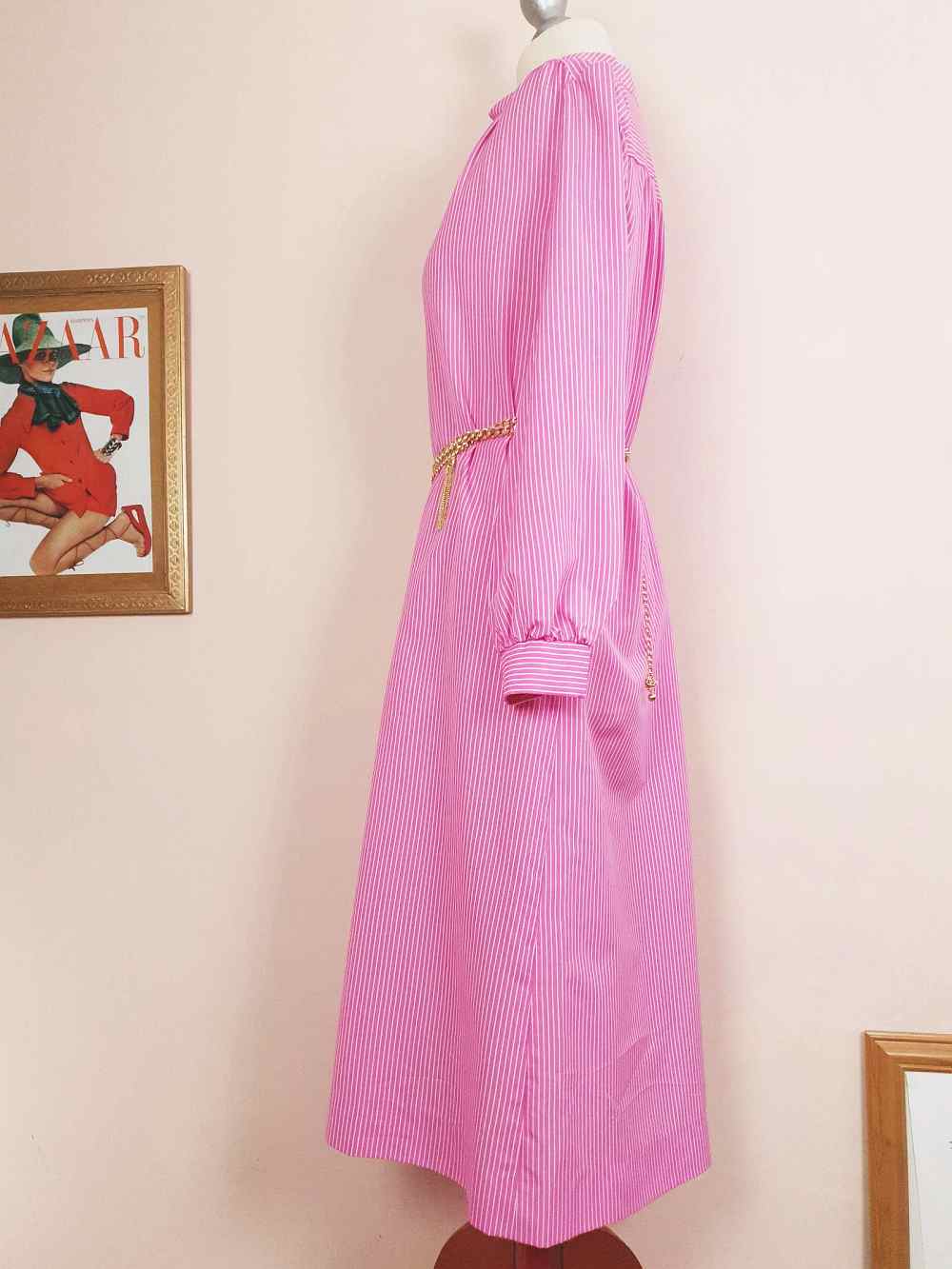 1970s Vintage Cerise Pink Striped Dress Midi Retro - Size 12