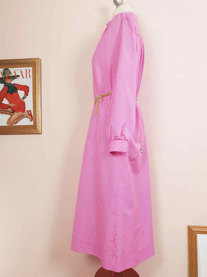 1970s Vintage Cerise Pink Striped Dress Midi Retro - Size 12