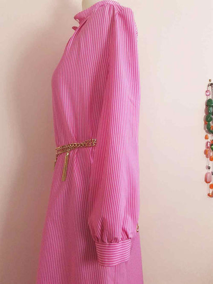1970s Vintage Cerise Pink Striped Dress Midi Retro - Size 12