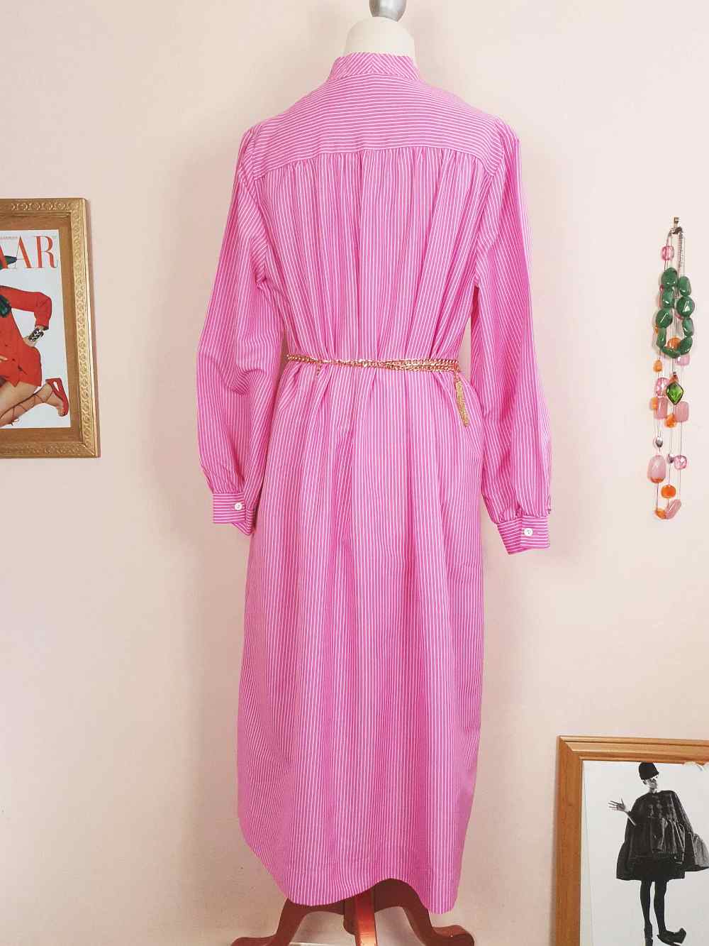 1970s Vintage Cerise Pink Striped Dress Midi Retro - Size 12