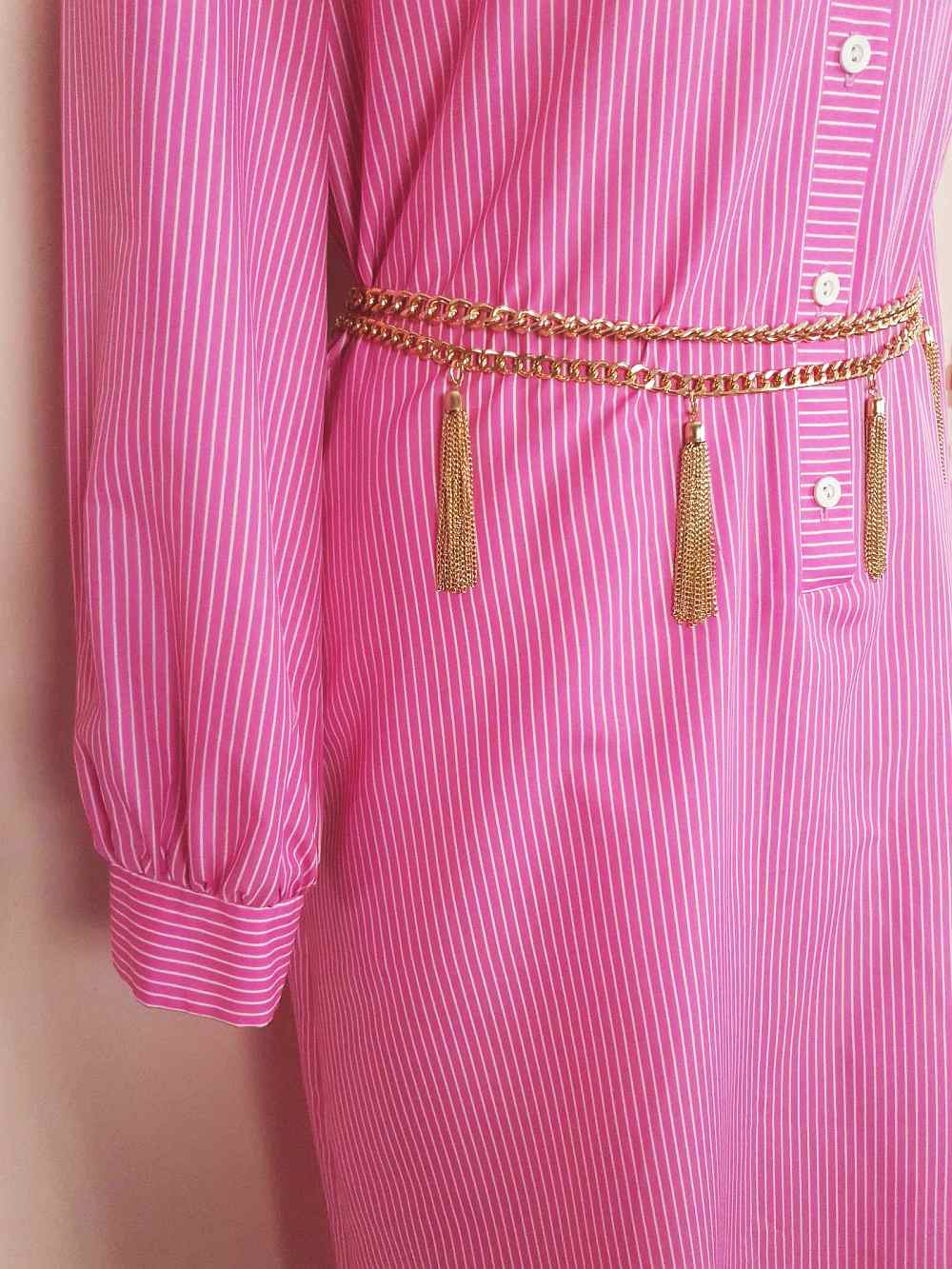 1970s Vintage Cerise Pink Striped Dress Midi Retro - Size 12