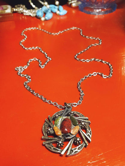 Vintage Jasper Scottish Pewter Artisan Necklace Pendant Gemstone 28" 1970s Celtic