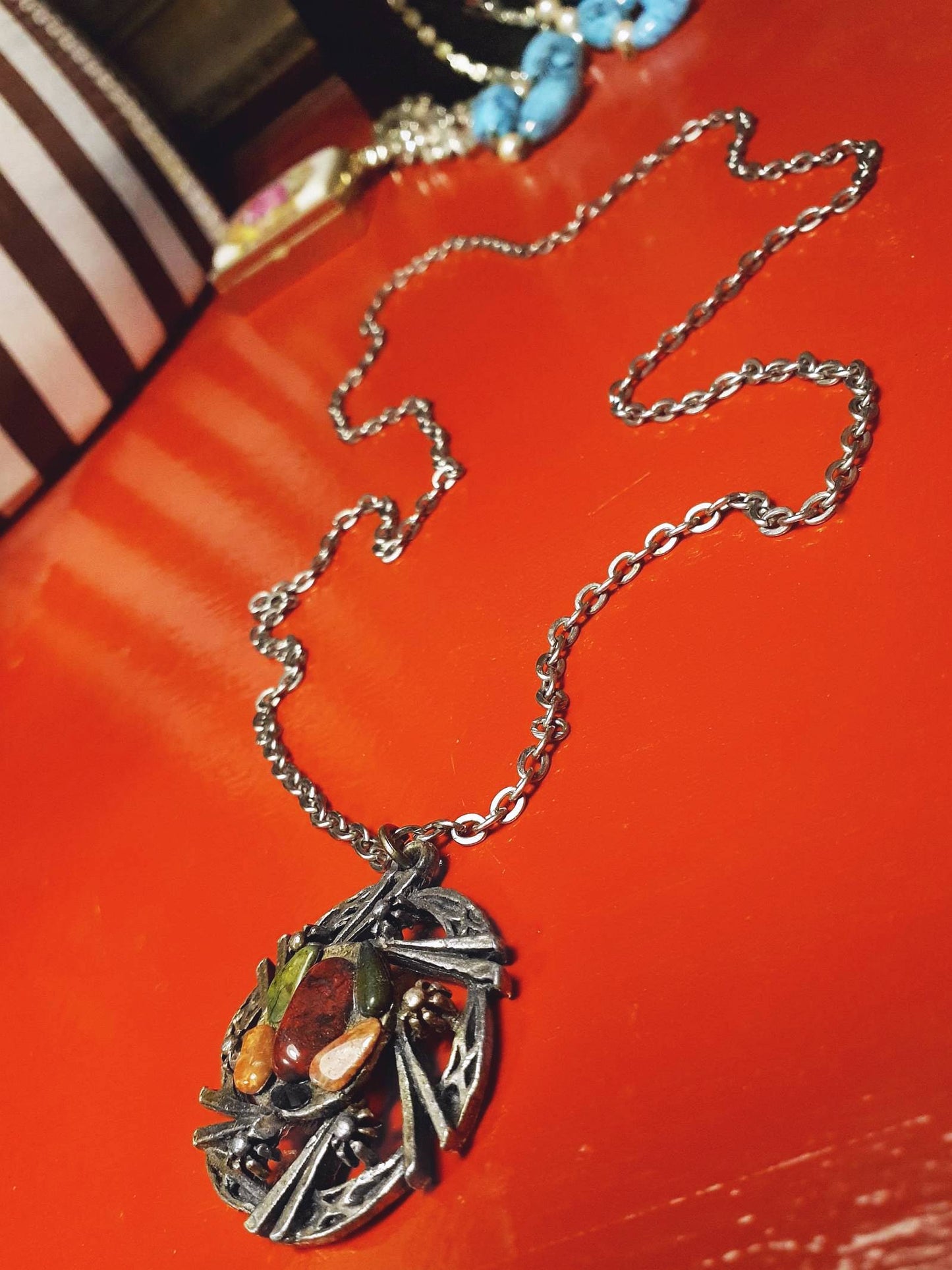 Vintage Jasper Scottish Pewter Artisan Necklace Pendant Gemstone 28" 1970s Celtic