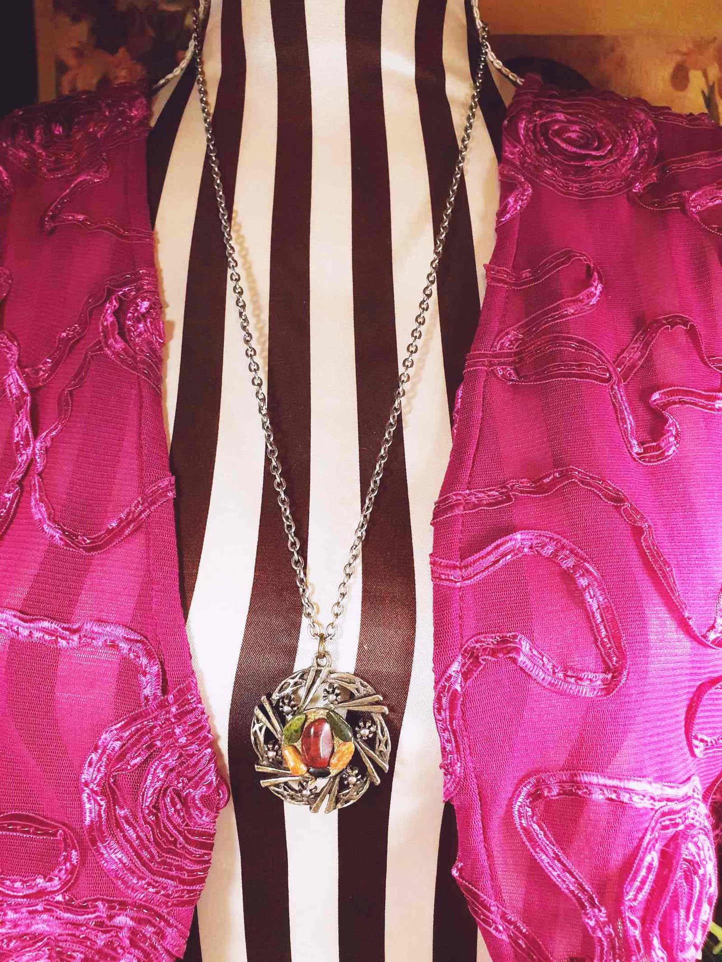 Vintage Jasper Scottish Pewter Artisan Necklace Pendant Gemstone 28" 1970s Celtic