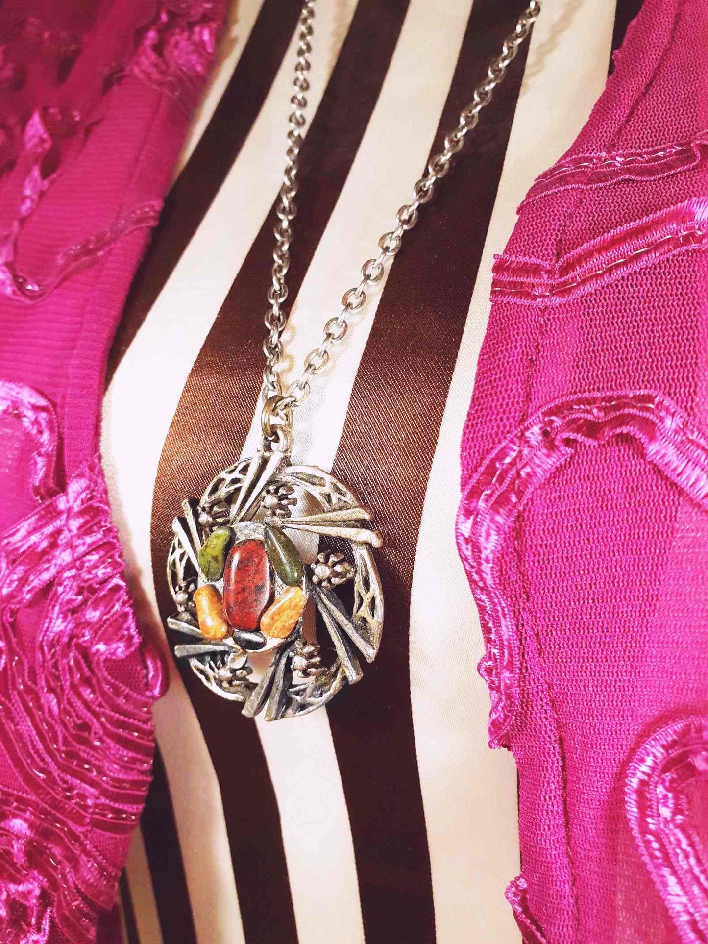 Vintage Jasper Scottish Pewter Artisan Necklace Pendant Gemstone 28" 1970s Celtic
