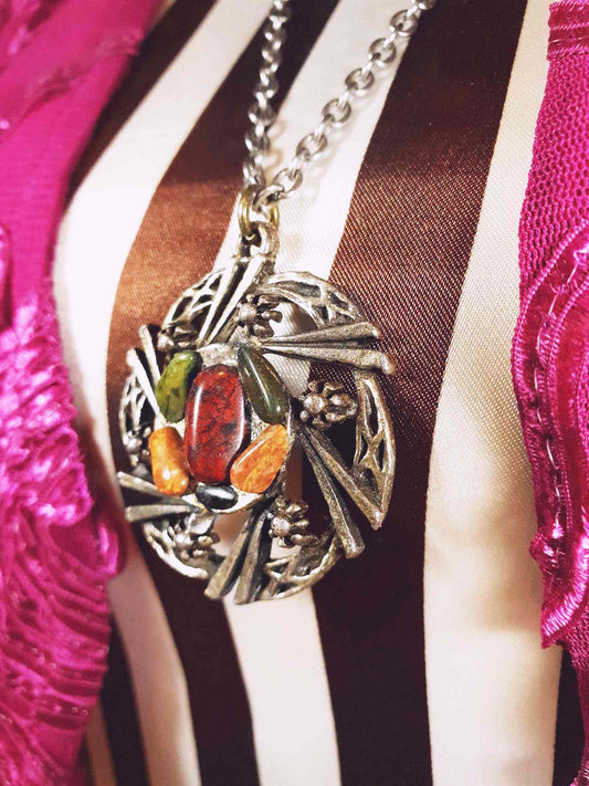 Vintage Jasper Scottish Pewter Artisan Necklace Pendant Gemstone 28" 1970s Celtic