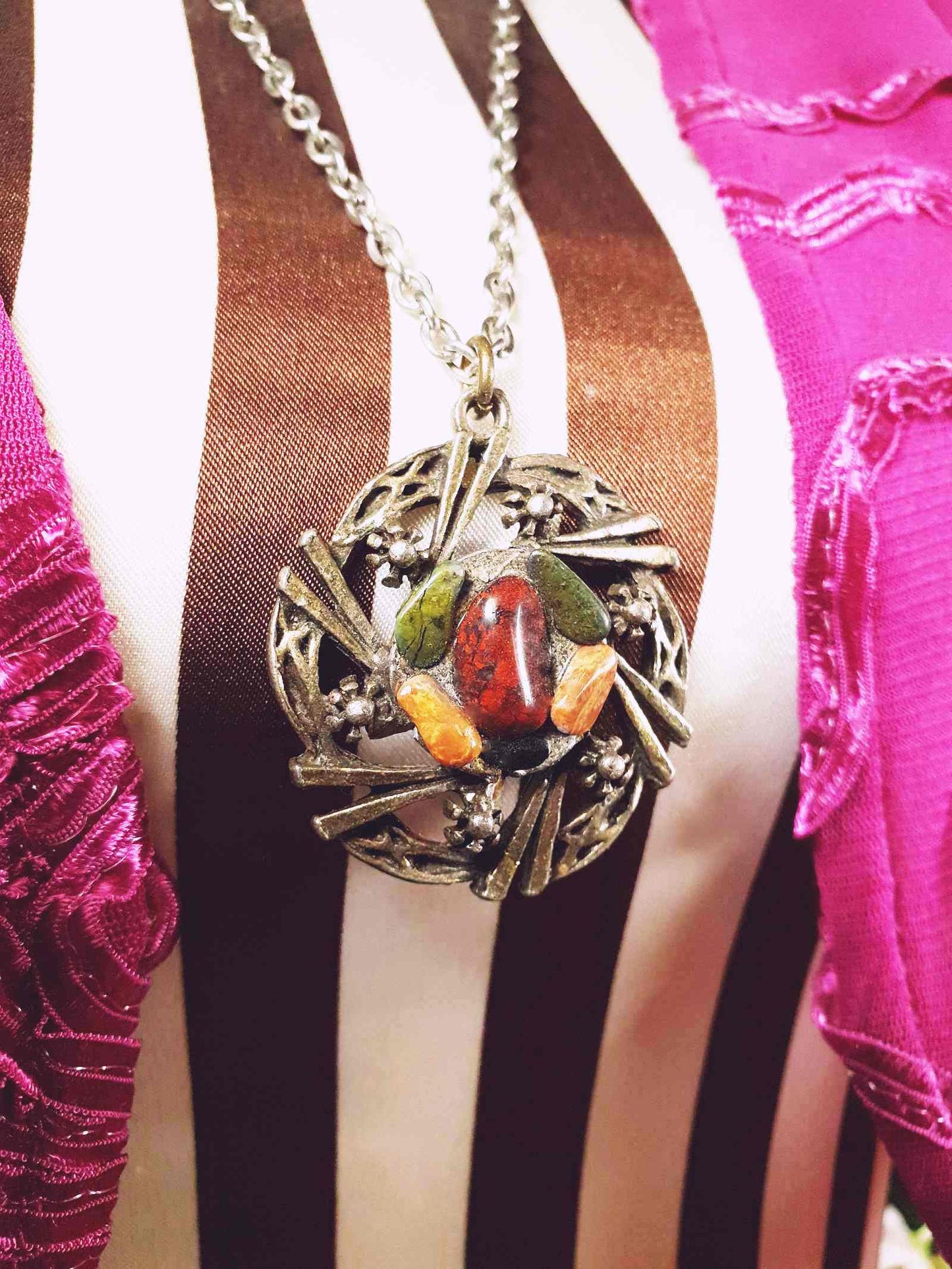 Vintage Jasper Scottish Pewter Artisan Necklace Pendant Gemstone 28" 1970s Celtic