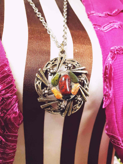 Vintage Jasper Scottish Pewter Artisan Necklace Pendant Gemstone 28" 1970s Celtic