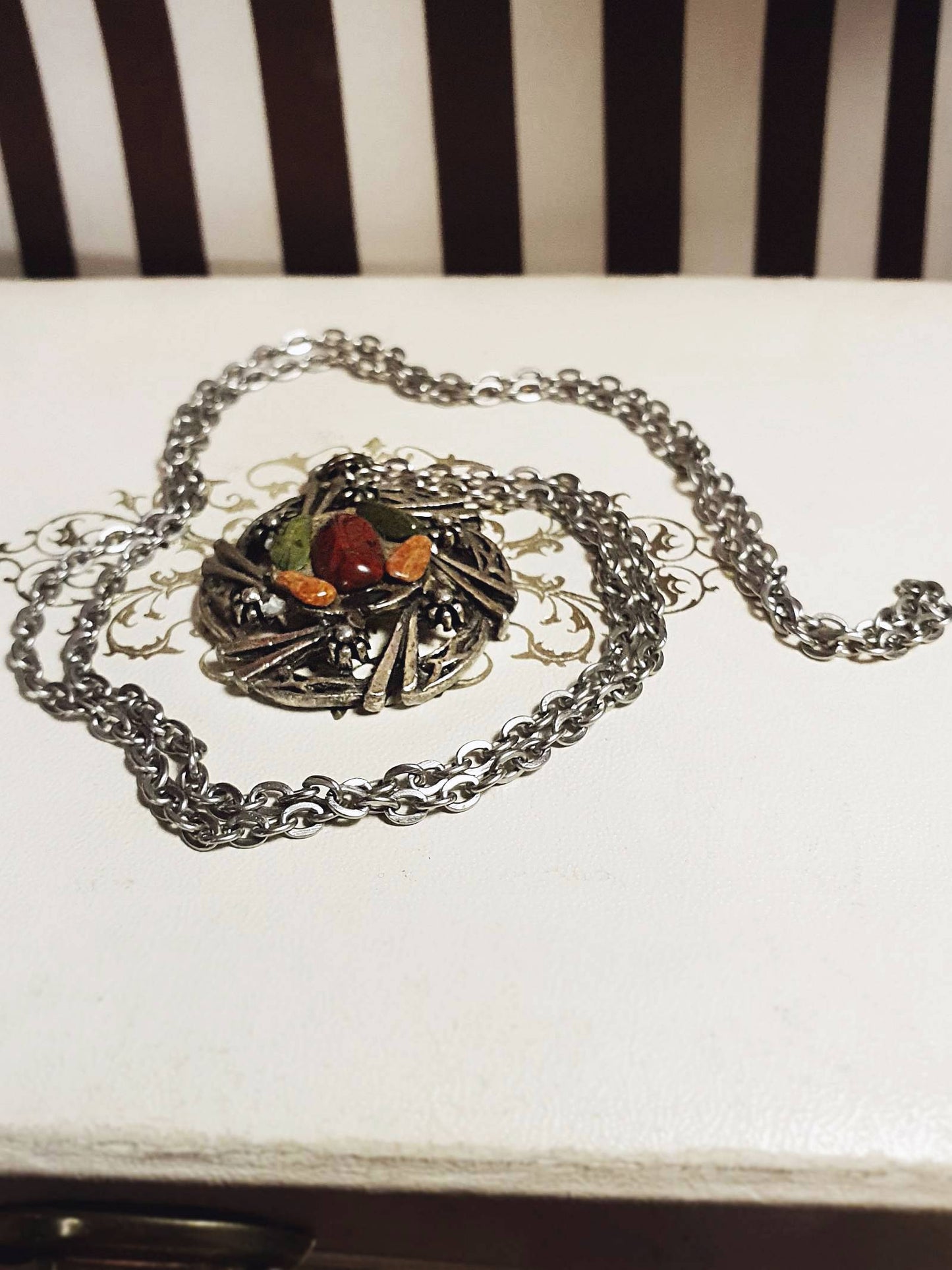 Vintage Jasper Scottish Pewter Artisan Necklace Pendant Gemstone 28" 1970s Celtic