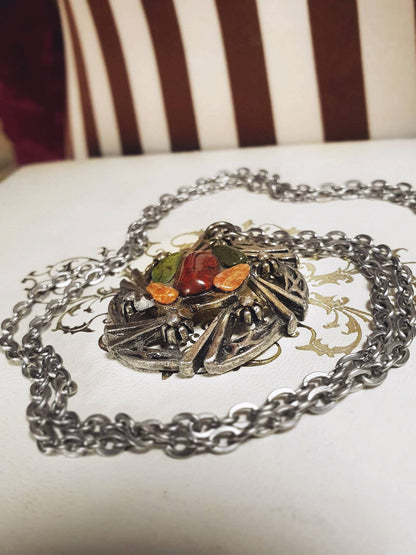 Vintage Jasper Scottish Pewter Artisan Necklace Pendant Gemstone 28" 1970s Celtic