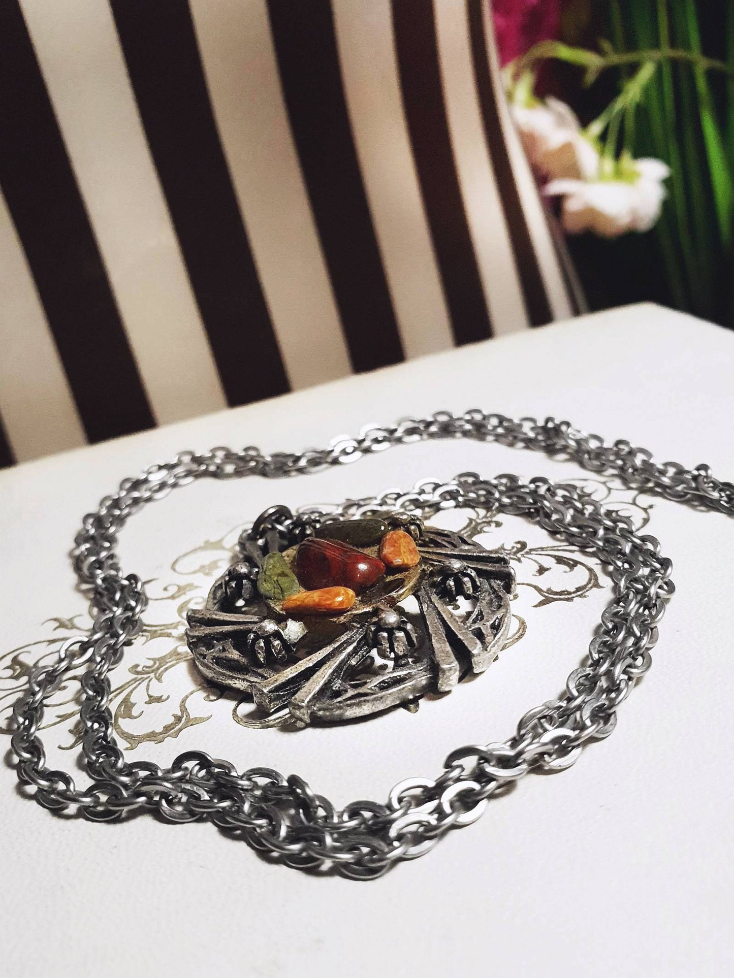 Vintage Jasper Scottish Pewter Artisan Necklace Pendant Gemstone 28" 1970s Celtic