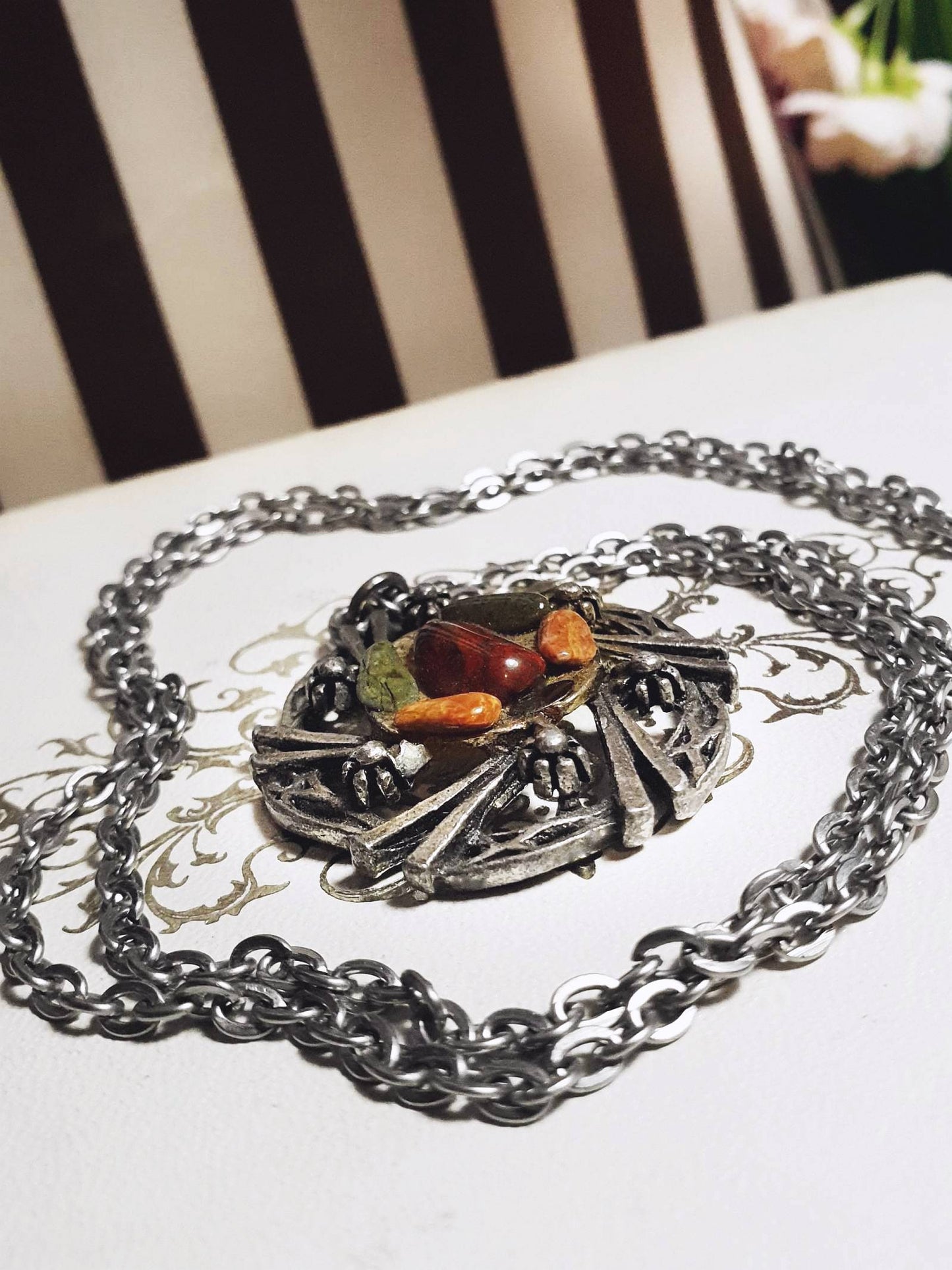 Vintage Jasper Scottish Pewter Artisan Necklace Pendant Gemstone 28" 1970s Celtic