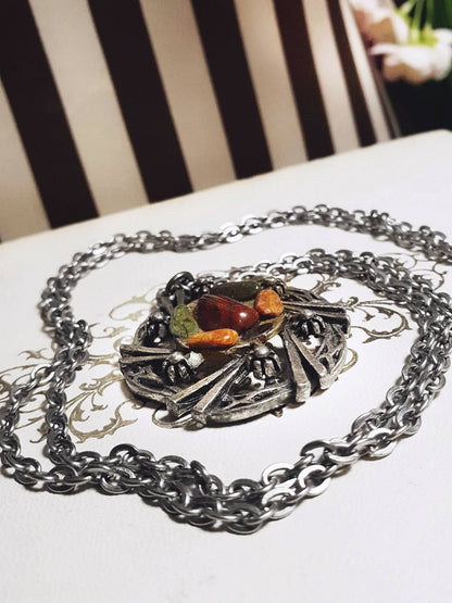 Vintage Jasper Scottish Pewter Artisan Necklace Pendant Gemstone 28" 1970s Celtic