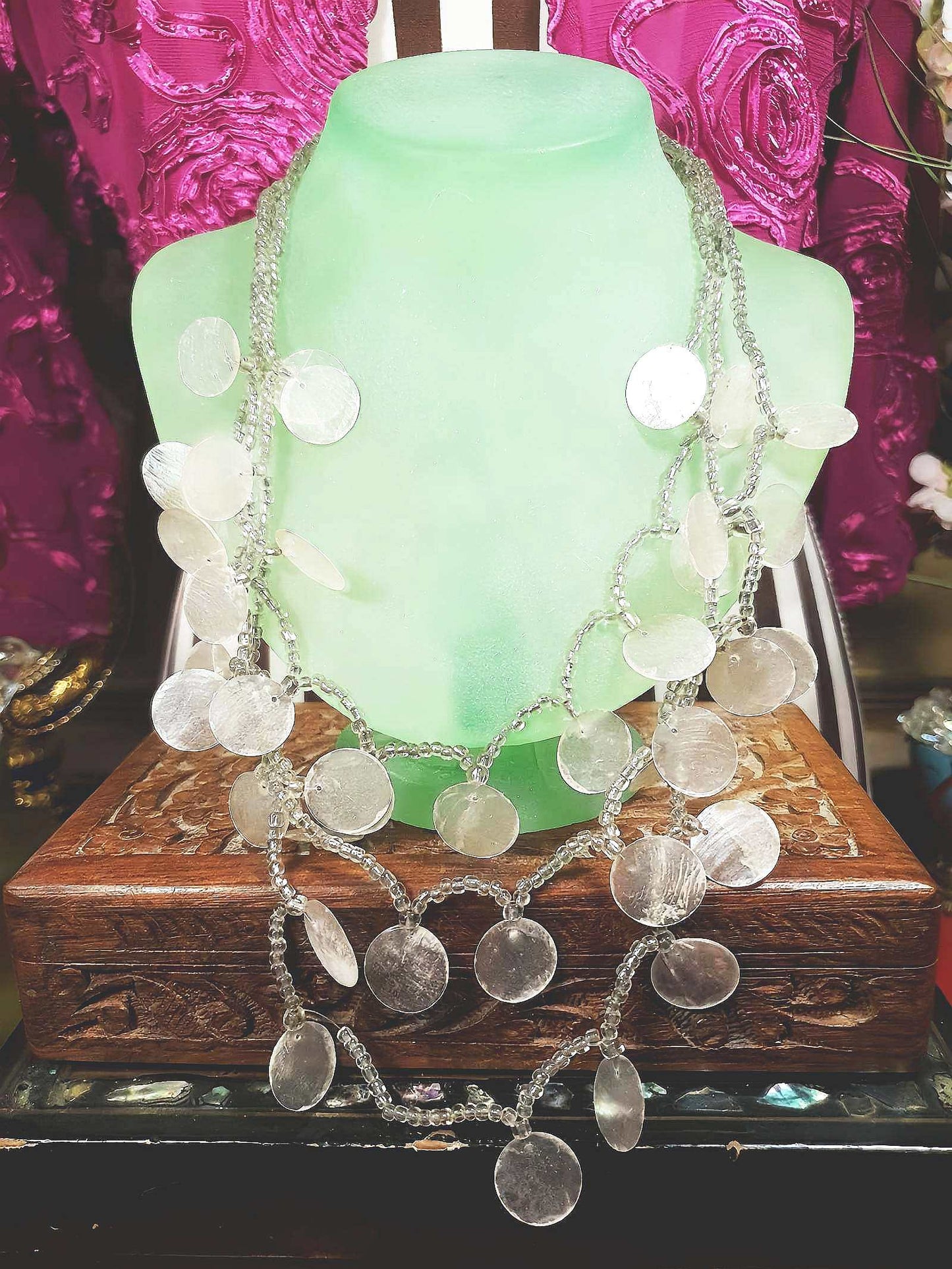 Vintage Boho Shell Statement Necklace Layered 1970s Bohemian Retro 25.5"