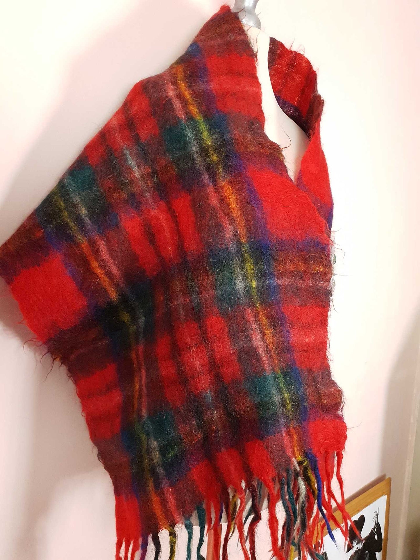 Vintage 1970s Tartan Red Scarf Mohair and Wool St. Michael Plaid Check