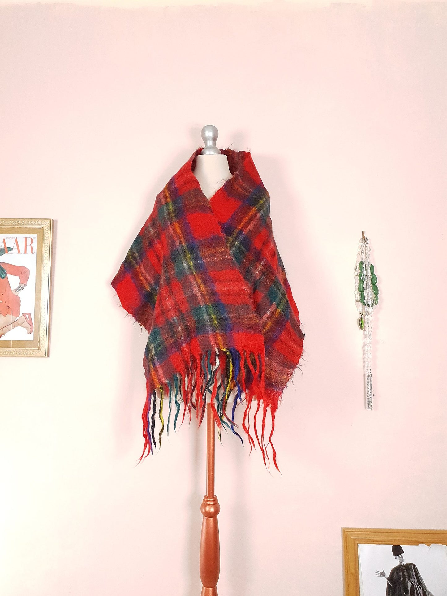 Vintage 1970s Tartan Red Scarf Mohair and Wool St. Michael Plaid Check