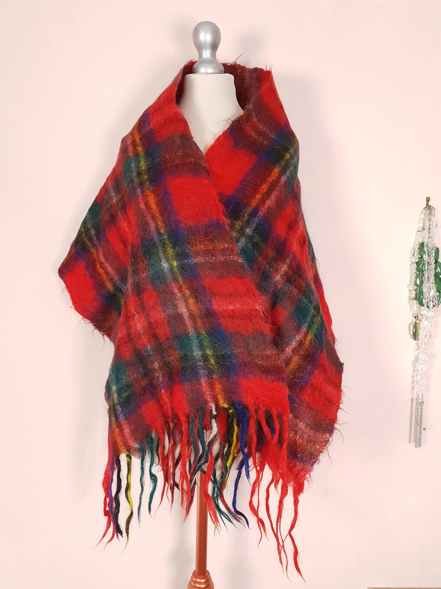 Vintage 1970s Tartan Red Scarf Mohair and Wool St. Michael Plaid Check