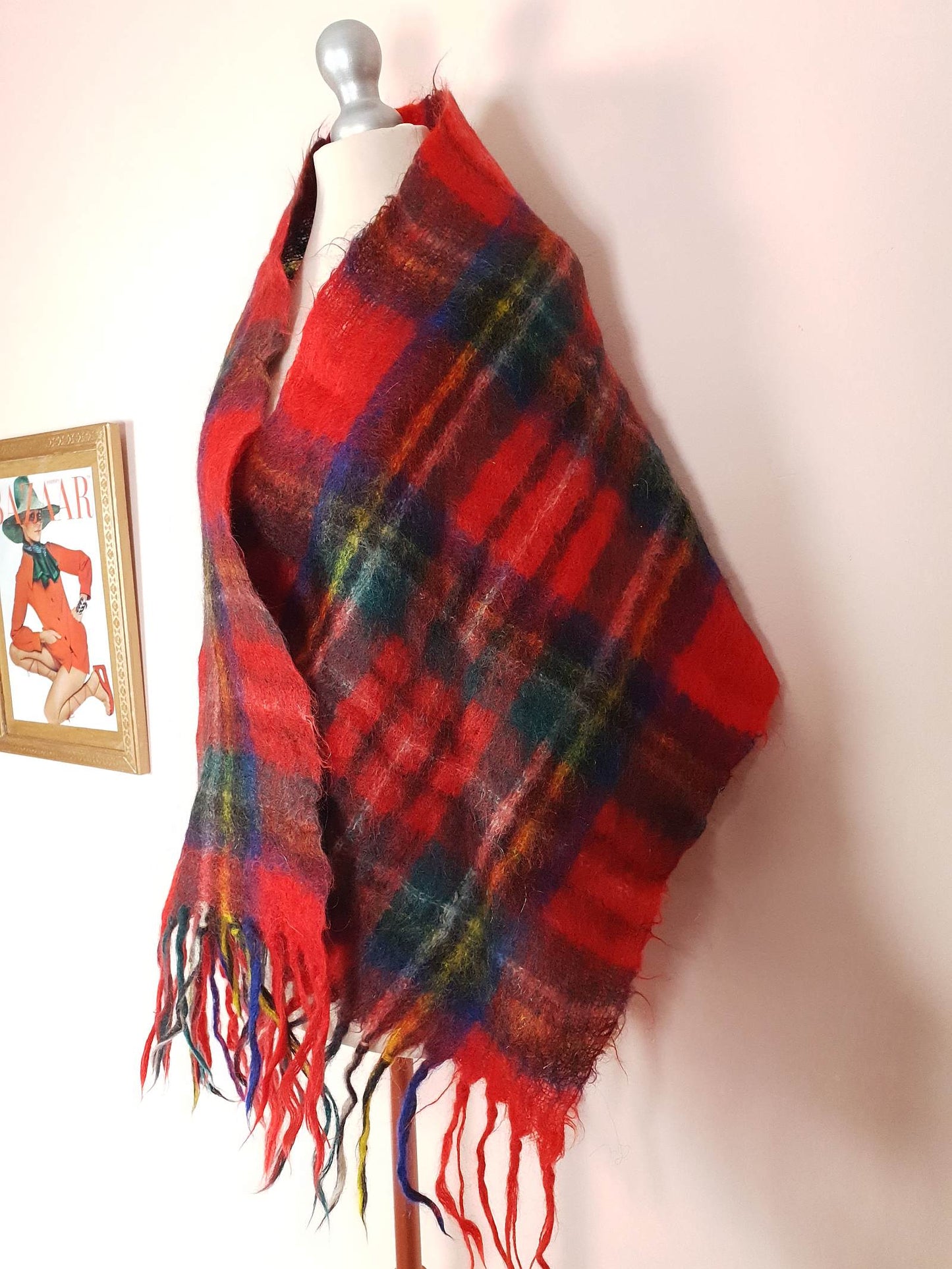 Vintage 1970s Tartan Red Scarf Mohair and Wool St. Michael Plaid Check