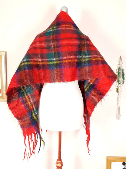 Vintage 1970s Tartan Red Scarf Mohair and Wool St. Michael Plaid Check