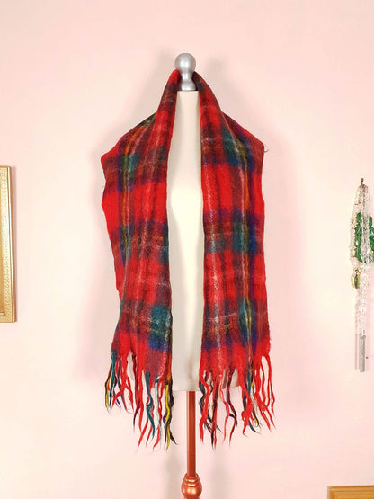 Vintage 1970s Tartan Red Scarf Mohair and Wool St. Michael Plaid Check