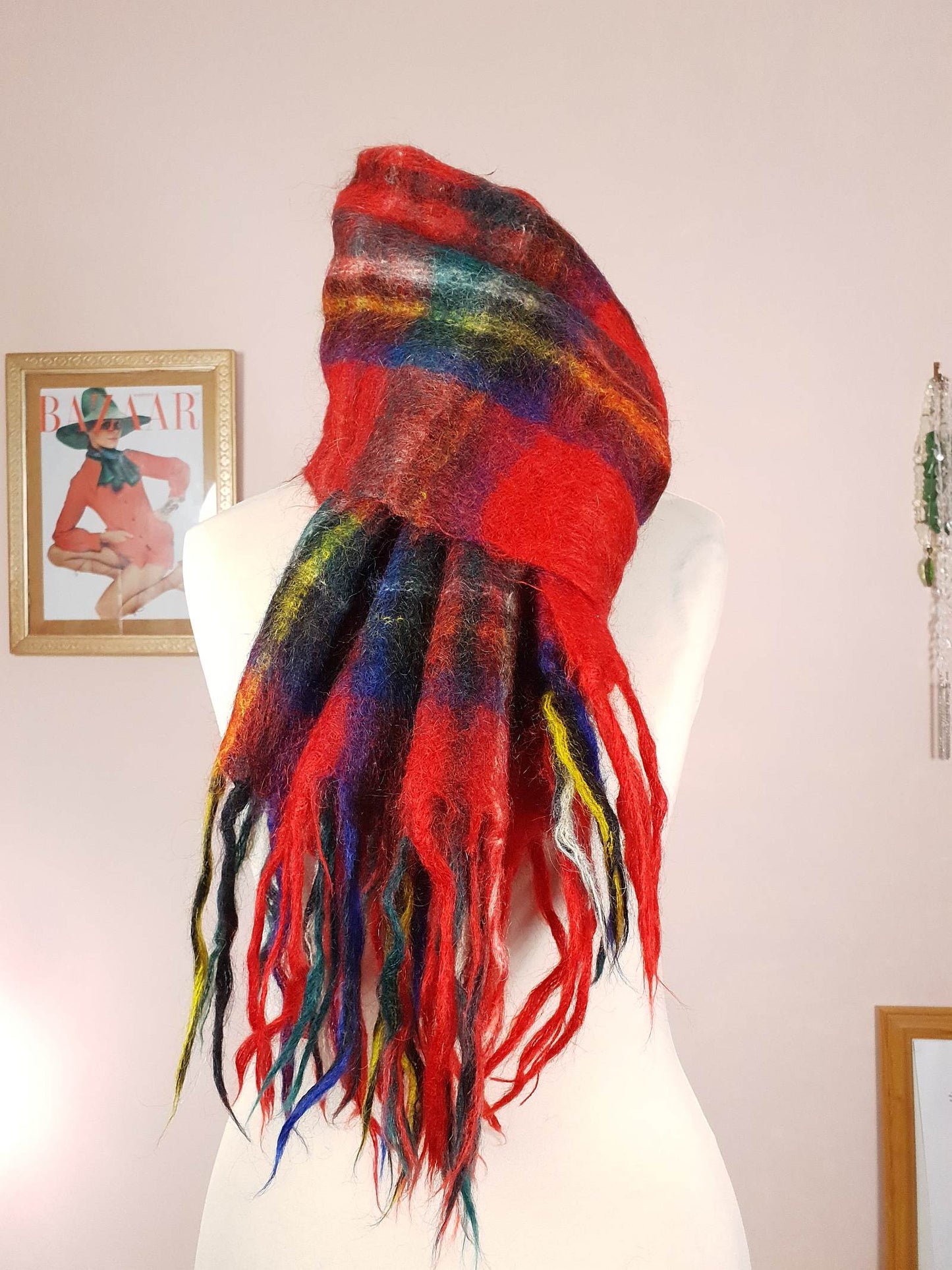 Vintage 1970s Tartan Red Scarf Mohair and Wool St. Michael Plaid Check