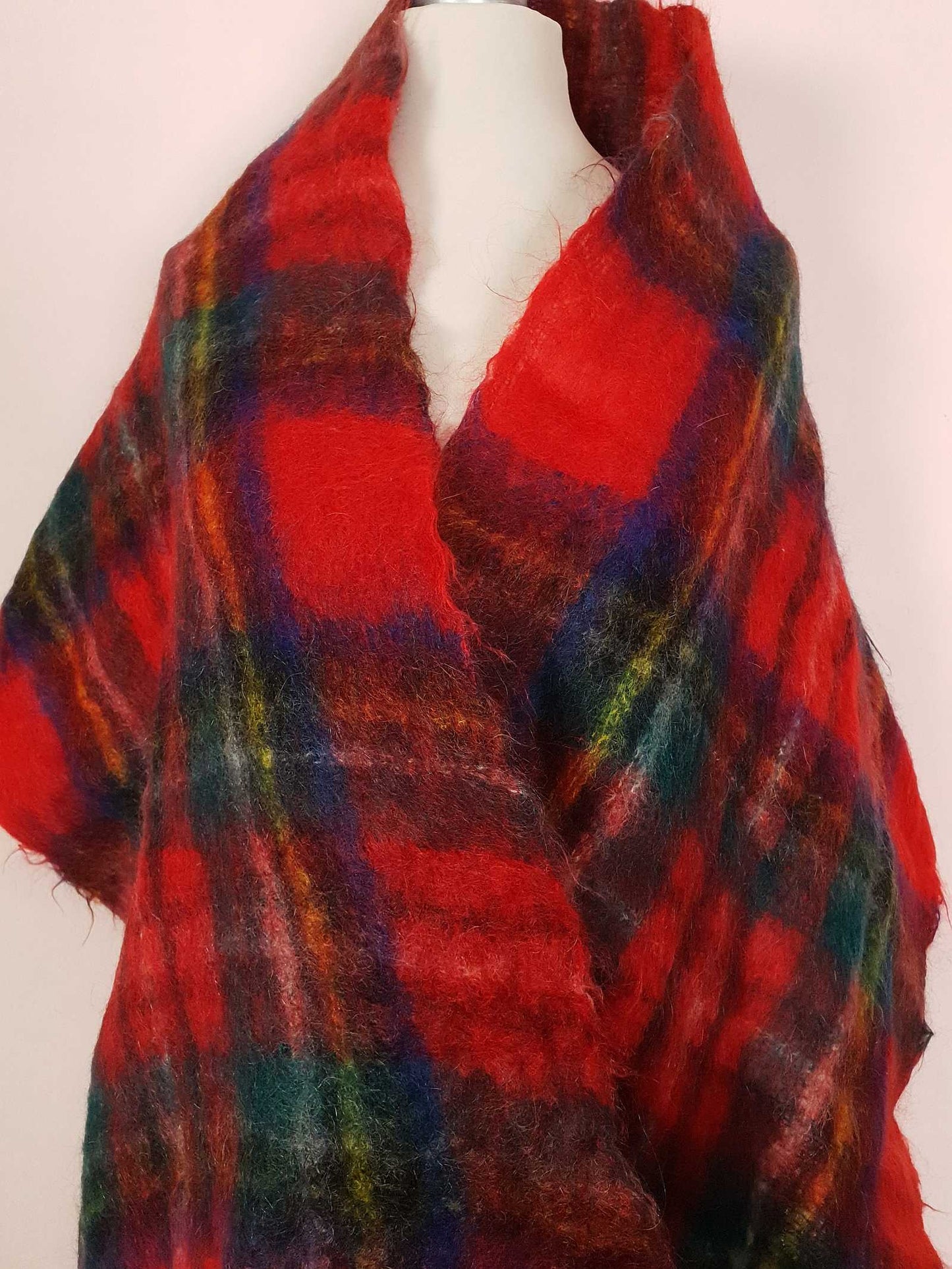 Vintage 1970s Tartan Red Scarf Mohair and Wool St. Michael Plaid Check